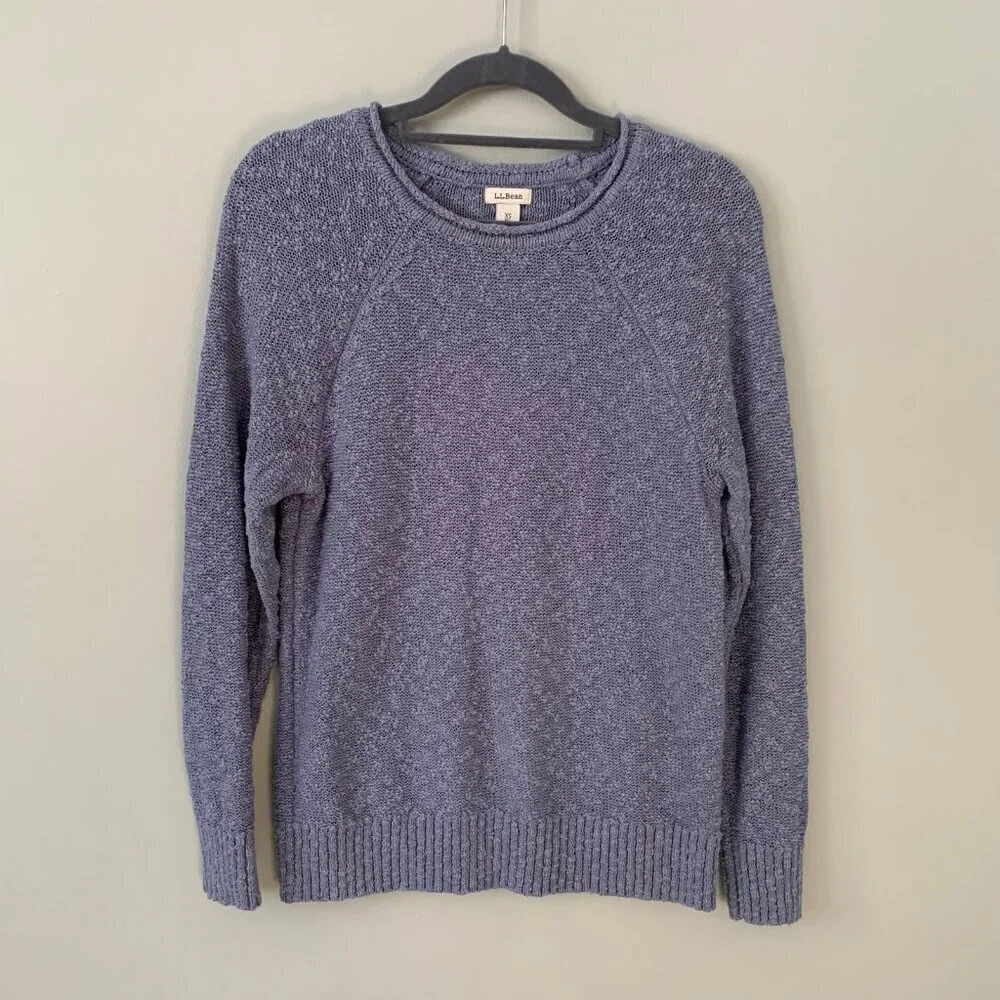 L.L.Bean Textured Bouclé Knit Sweater Women XS Petite Blue Raglan Sleeve Cotton